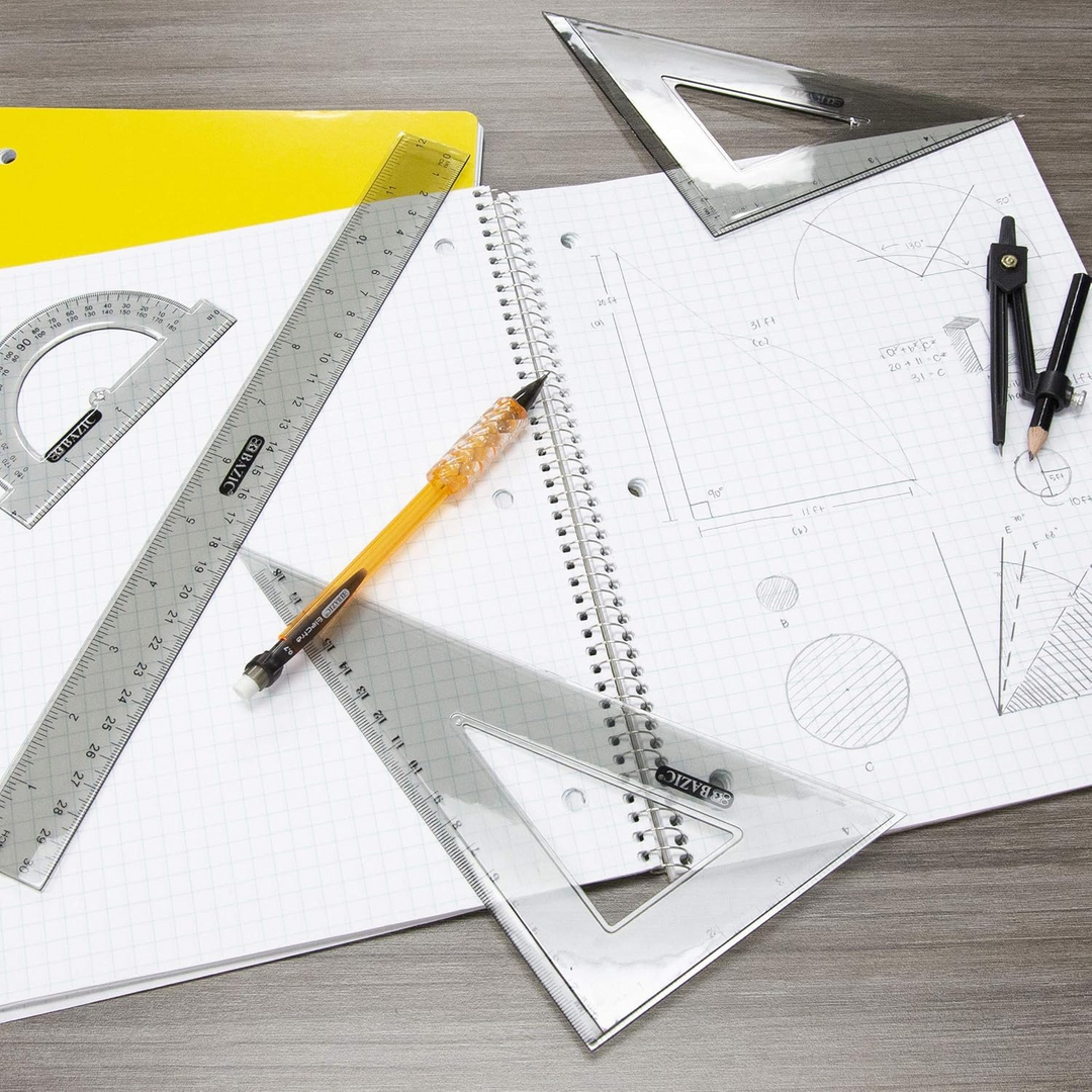 Bazic 4-Piece Geometry Ruler Set with Compass