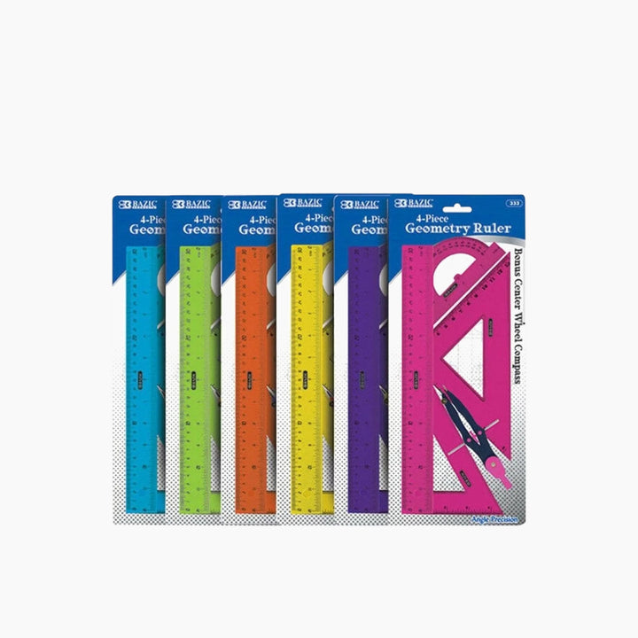 Bazic 4-Piece Geometry Ruler Set with Center Wheel Compass