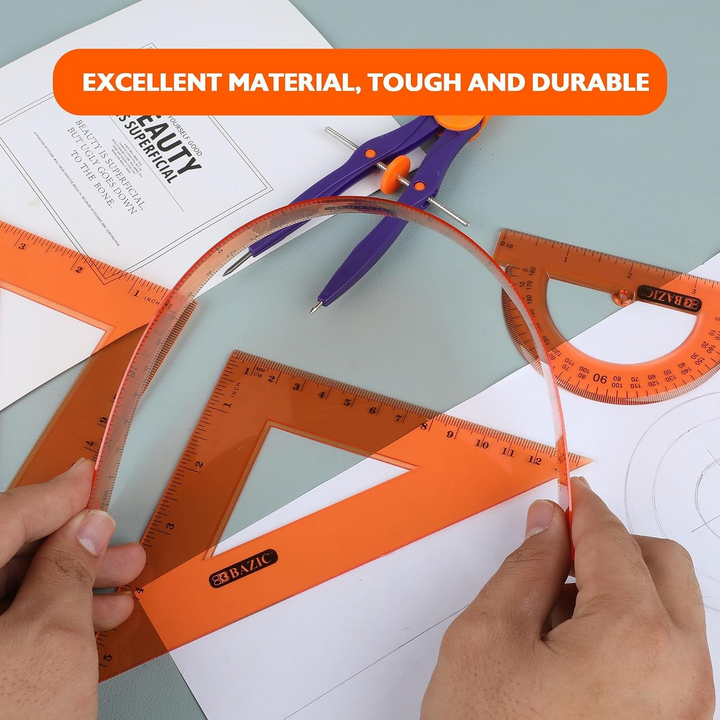 Bazic 4-Piece Geometry Ruler Set with Center Wheel Compass