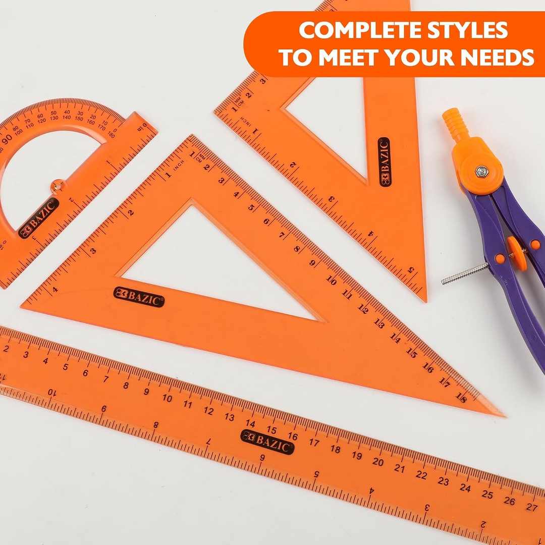 Bazic 4-Piece Geometry Ruler Set with Center Wheel Compass