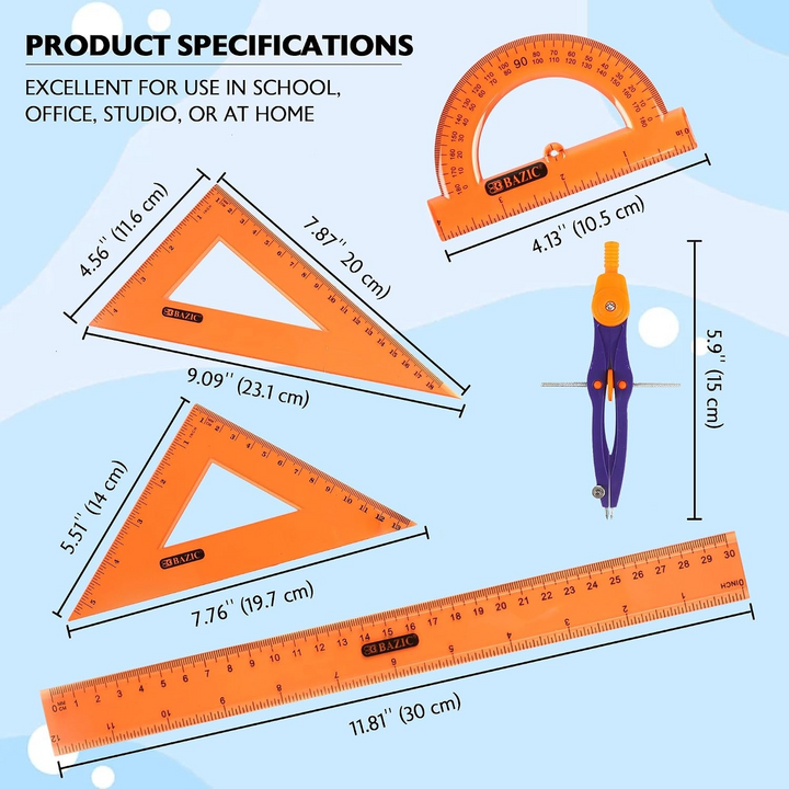 Bazic 4-Piece Geometry Ruler Set with Center Wheel Compass