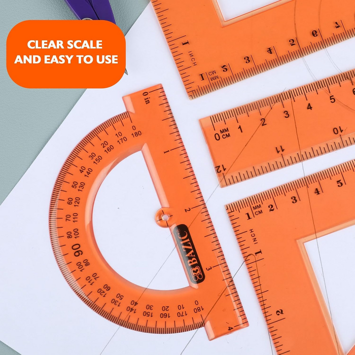 Bazic 4-Piece Geometry Ruler Set with Center Wheel Compass