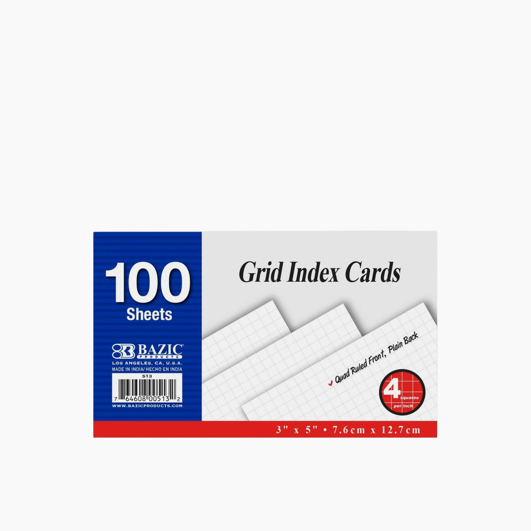Bazic 100-Count 3" x 5" Quad-Ruled White Index Cards