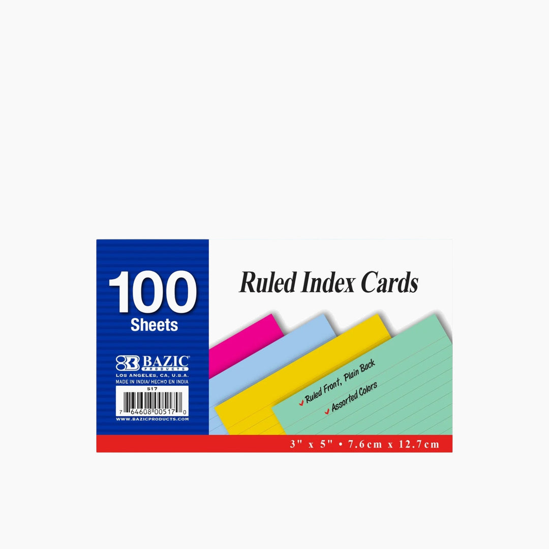 Bazic 100-Count 3" x 5" Ruled Colored Index Cards