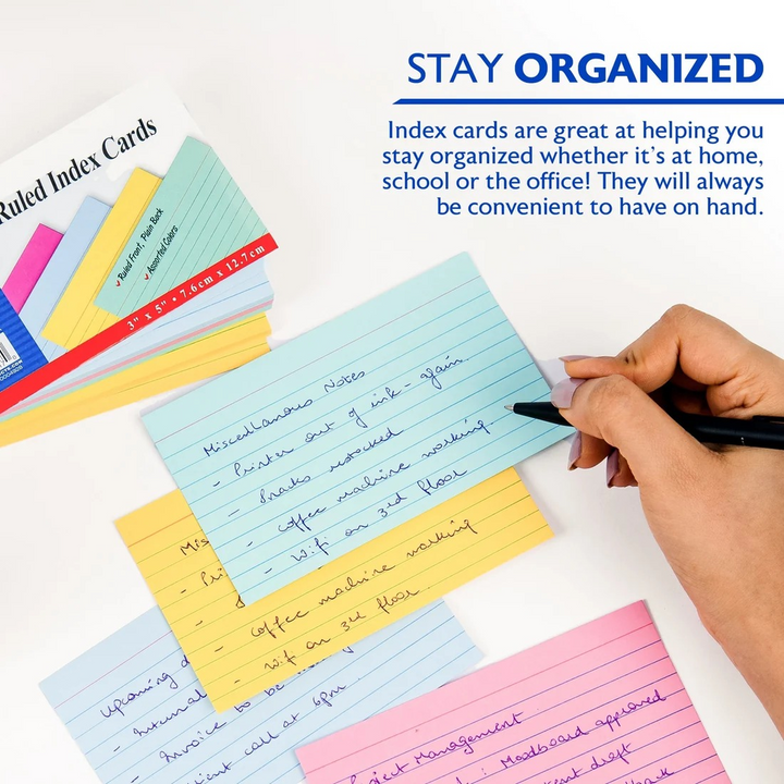 Bazic 100-Count 3" x 5" Ruled Colored Index Cards