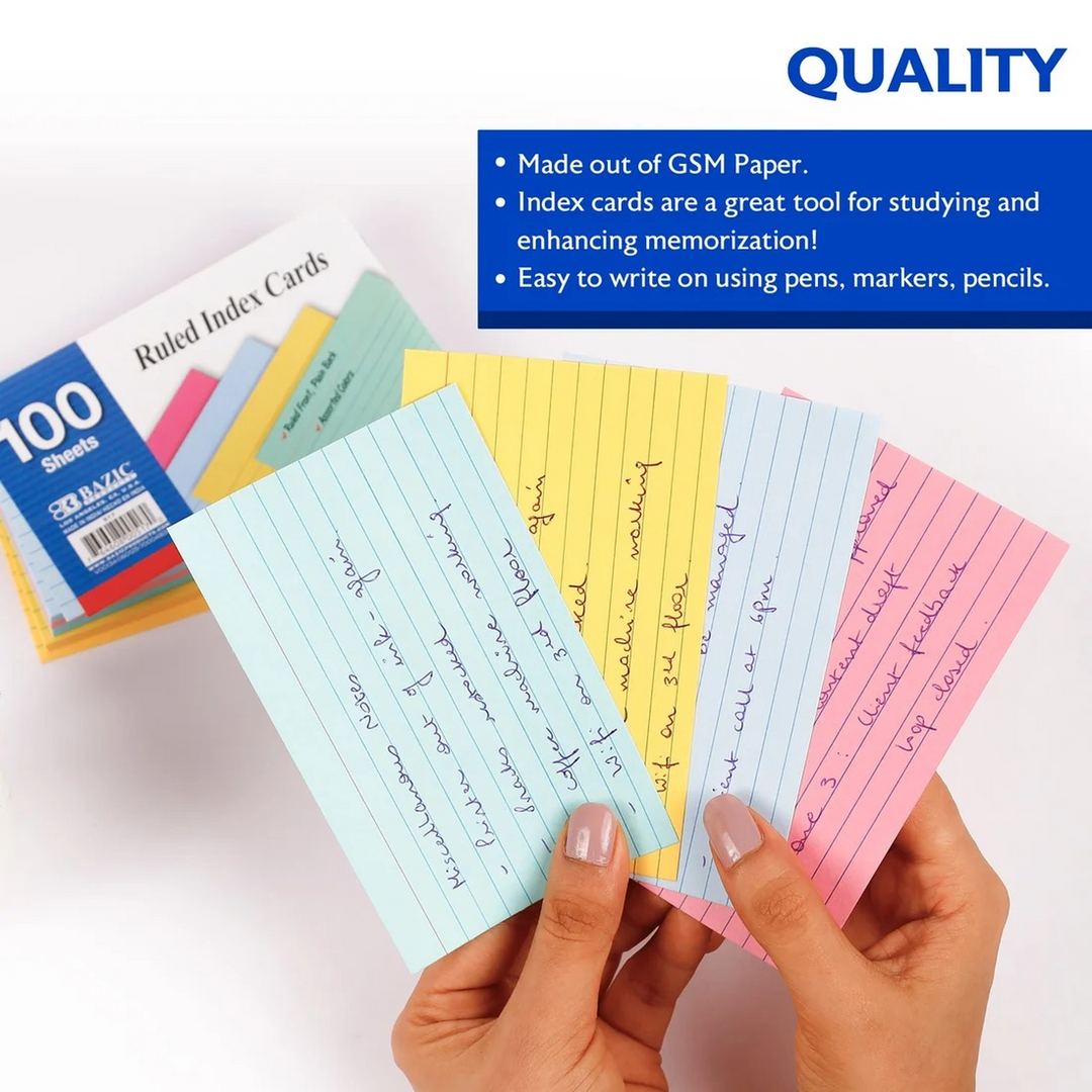 Bazic 100-Count 3" x 5" Ruled Colored Index Cards