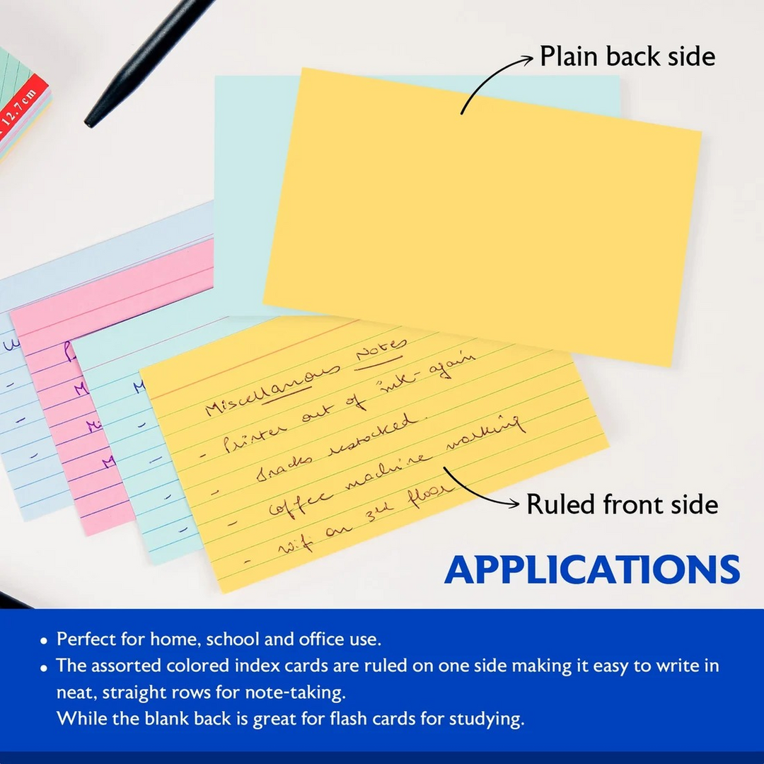 Bazic 100-Count 3" x 5" Ruled Colored Index Cards