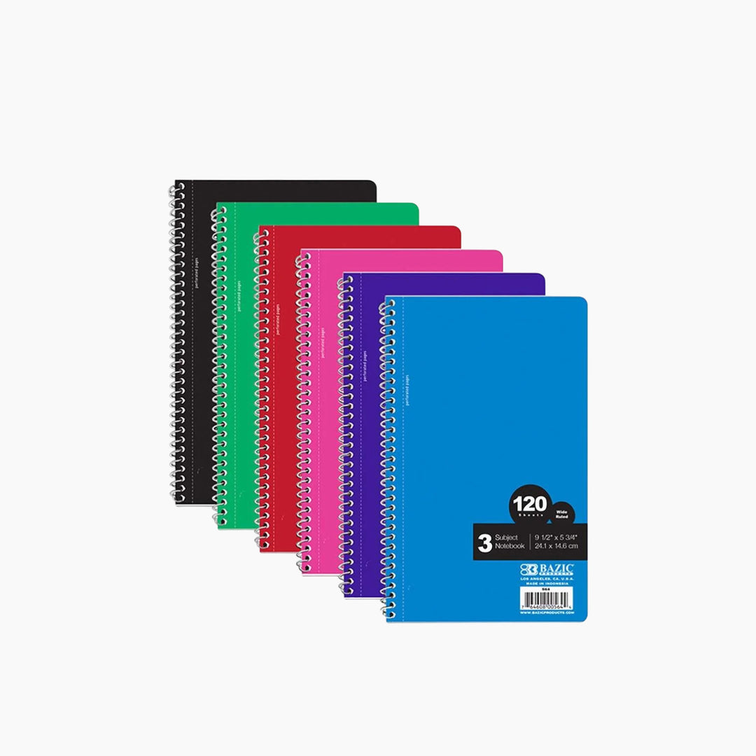 Bazic Wide Ruled 120-Count 9.5" x 5.75" 3-Subject Spiral Notebook