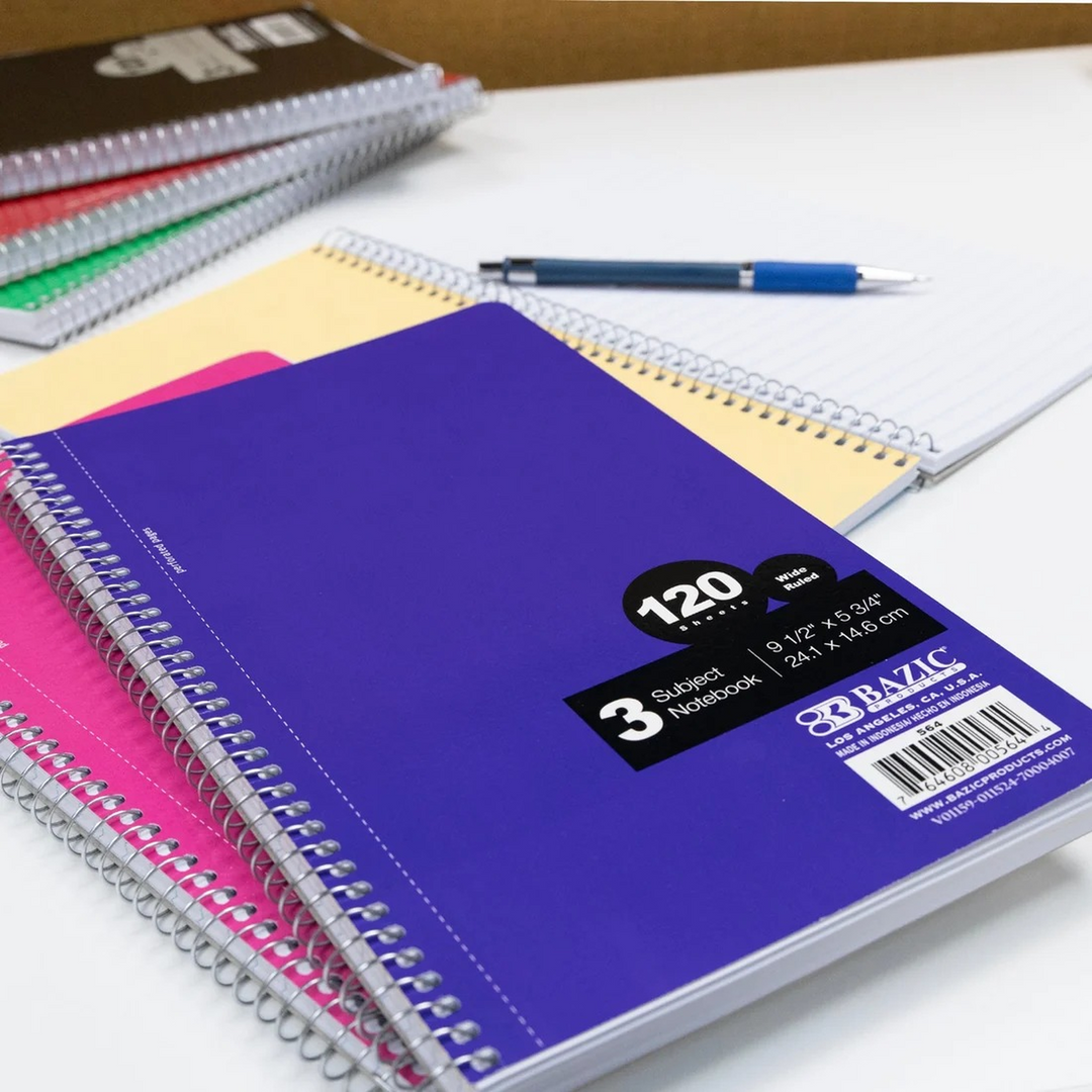 Bazic Wide Ruled 120-Count 9.5" x 5.75" 3-Subject Spiral Notebook