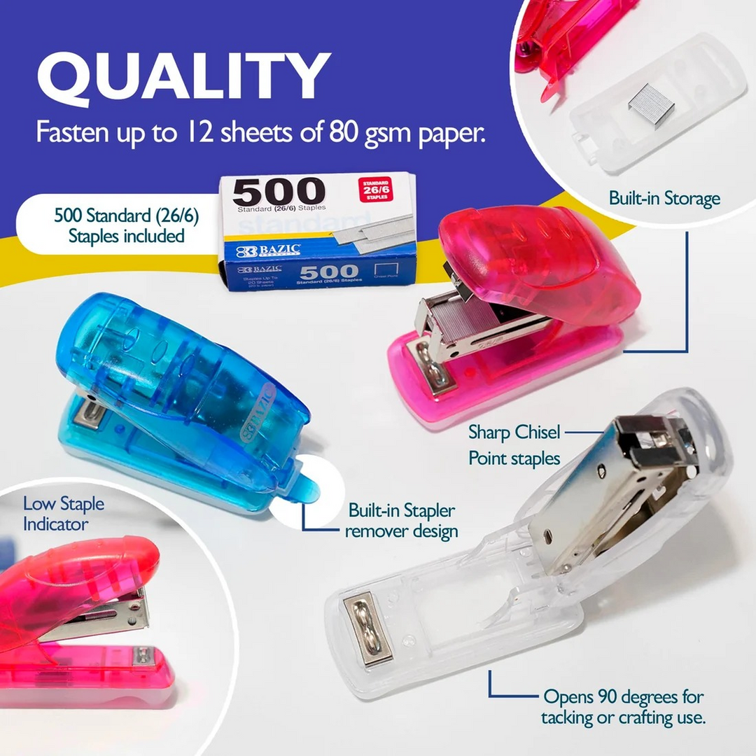 Bazic Mini Standard Stapler with 500-Count Staples - 26/6