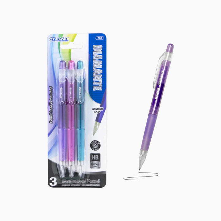 Bazic Diamante 0.5mm Mechanical Pencil With Grip 3-Pack