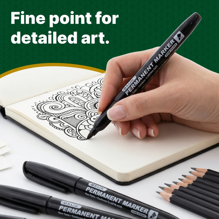 Bazic Black Fine Tip Permanent Markers With Pocket Clip 5-Pack