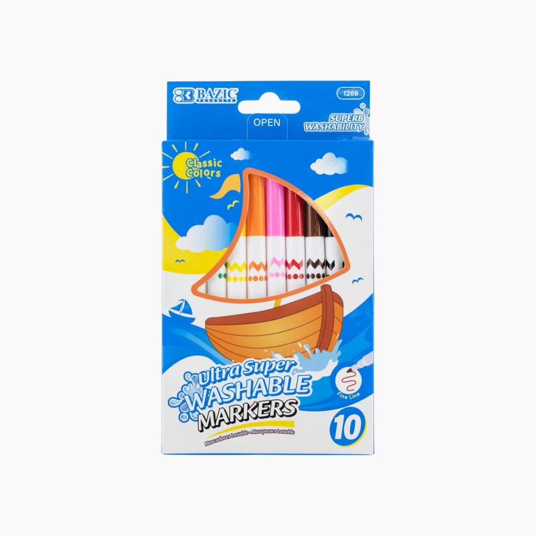 Bazic 10 Colors Fine Line Super Washable Markers