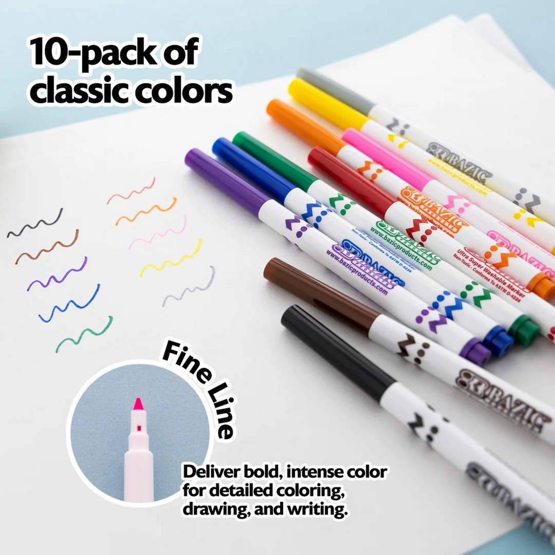Bazic 10 Colors Fine Line Super Washable Markers