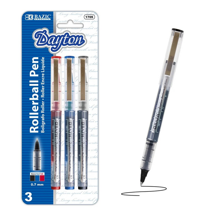 Bazic Dayton Assorted Color Rollerball Pen With Metal Clip 3-Pack