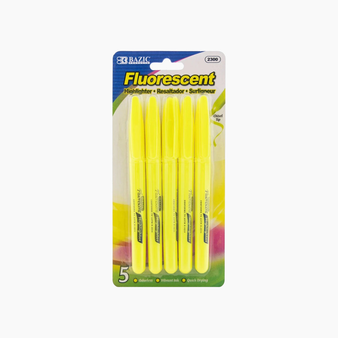 Bazic Yellow Pen Style Fluorescent Highlighters With Pocket Clip 5-Pack