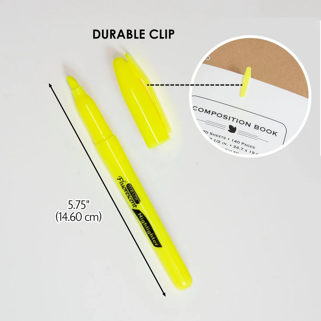 Bazic Yellow Pen Style Fluorescent Highlighters With Pocket Clip 5-Pack