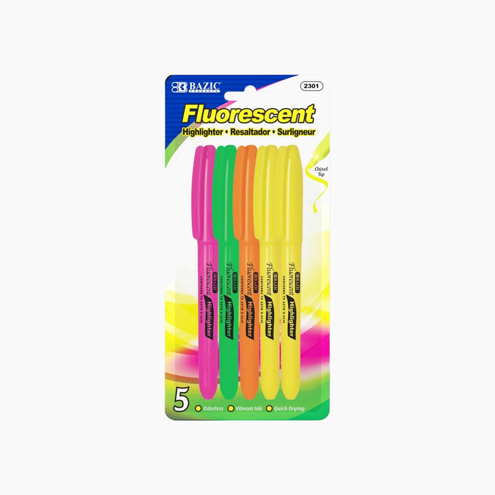 Bazic Pen Style Fluorescent Highlighters With Pocket Clip 5-Pack