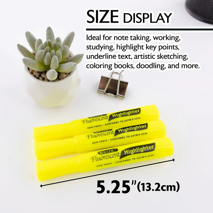 Bazic Yellow Desk Style Fluorescent Highlighters 3-Pack