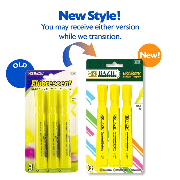 Bazic Yellow Desk Style Fluorescent Highlighters 3-Pack