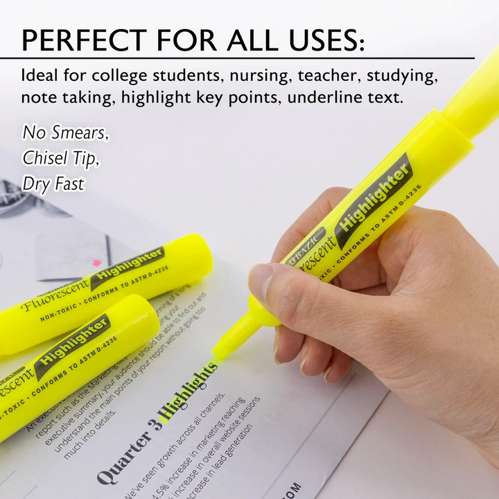 Bazic Yellow Desk Style Fluorescent Highlighters 3-Pack