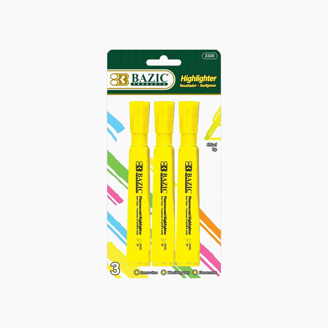 Bazic Yellow Desk Style Fluorescent Highlighters 3-Pack