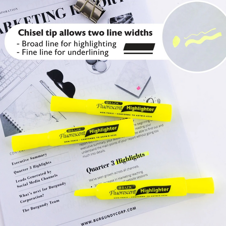 Bazic Yellow Desk Style Fluorescent Highlighters 3-Pack