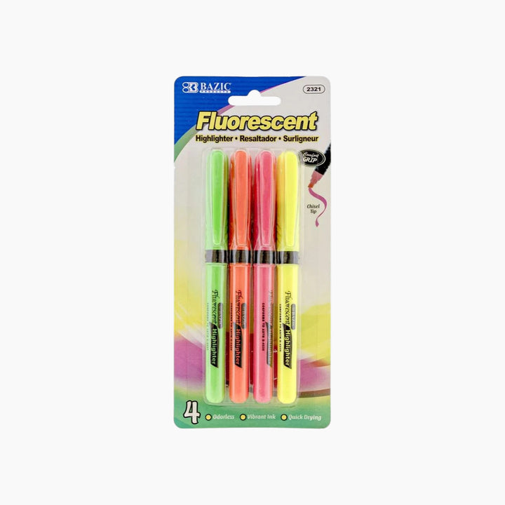 Bazic Pen Style Fluorescent Highlighters With Cushion Grip 4-Pack