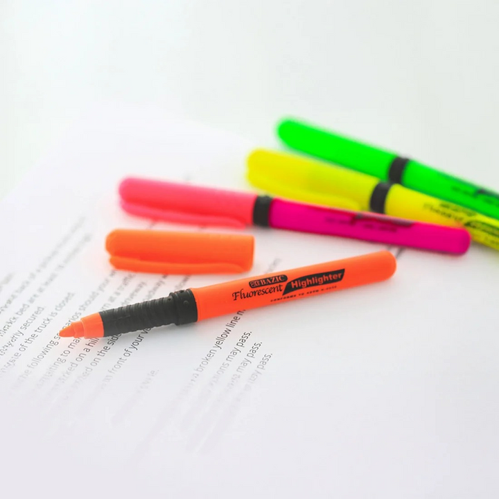 Bazic Pen Style Fluorescent Highlighters With Cushion Grip 4-Pack