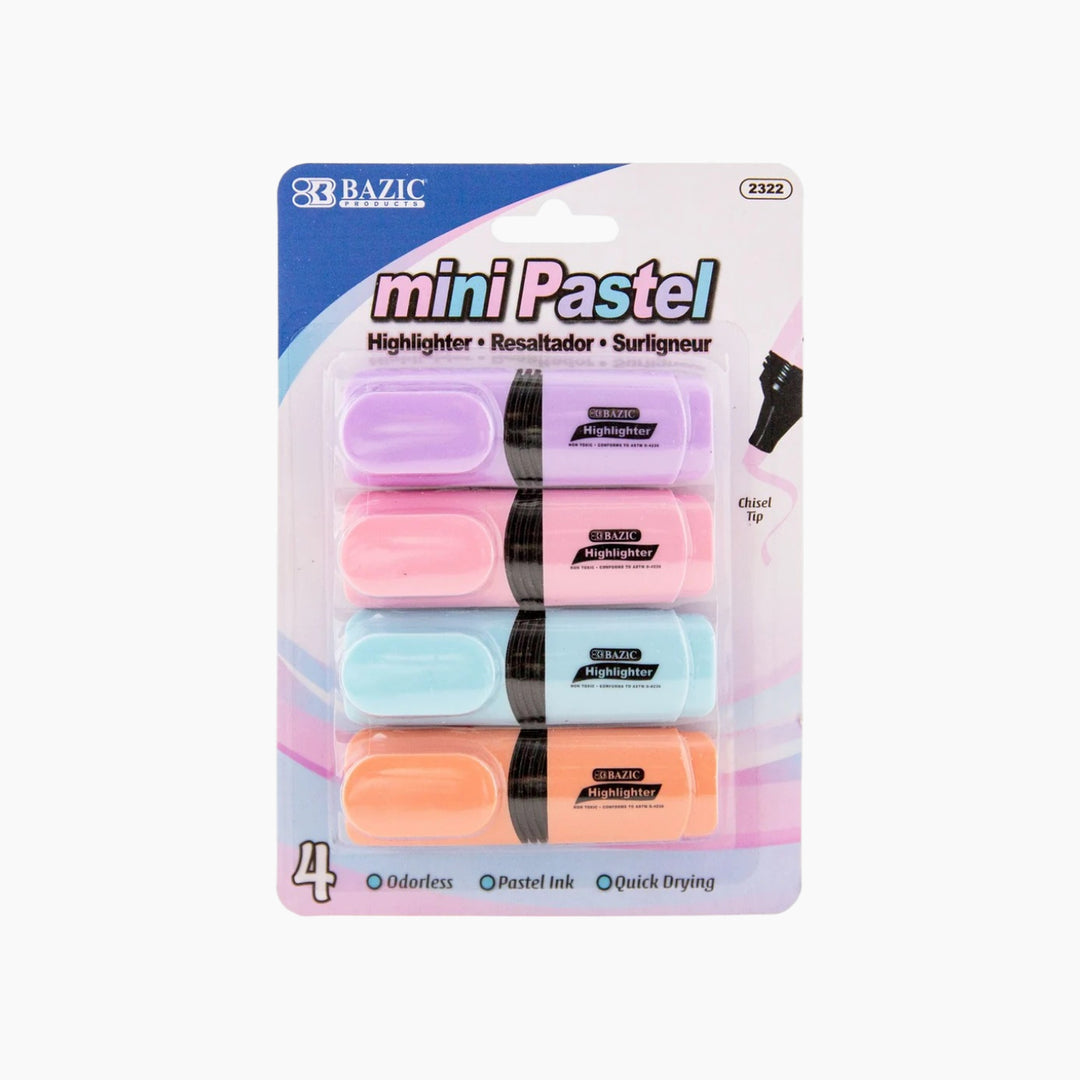 Bazic Mini Desk Style Pastel Highlighters 4-Pack