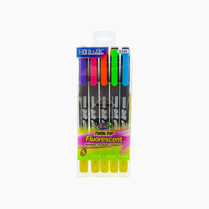 Bazic Double Tip Fluorescent Highlighters 5-Pack