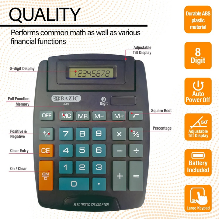 Bazic 8-Digit Large Desktop Calculator With Adjustable Display