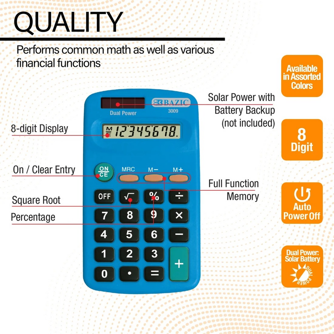 Bazic 8-Digit Dual Power Pocket Size Calculator
