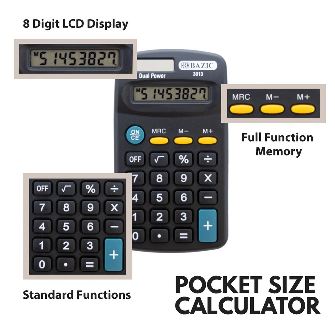 Bazic 8-Digit Dual Power Pocket Size Calculator - Black