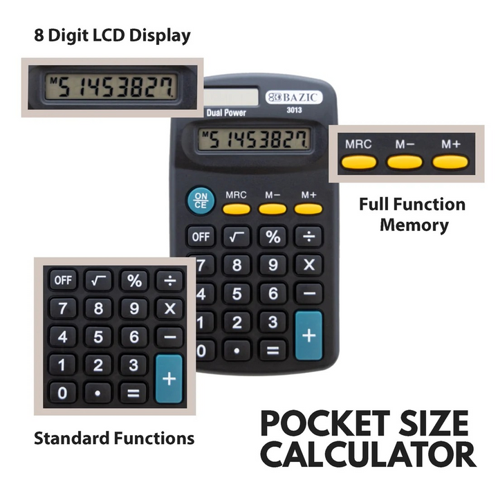 Bazic 8-Digit Dual Power Pocket Size Calculator - Black