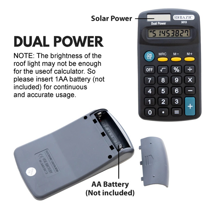 Bazic 8-Digit Dual Power Pocket Size Calculator - Black