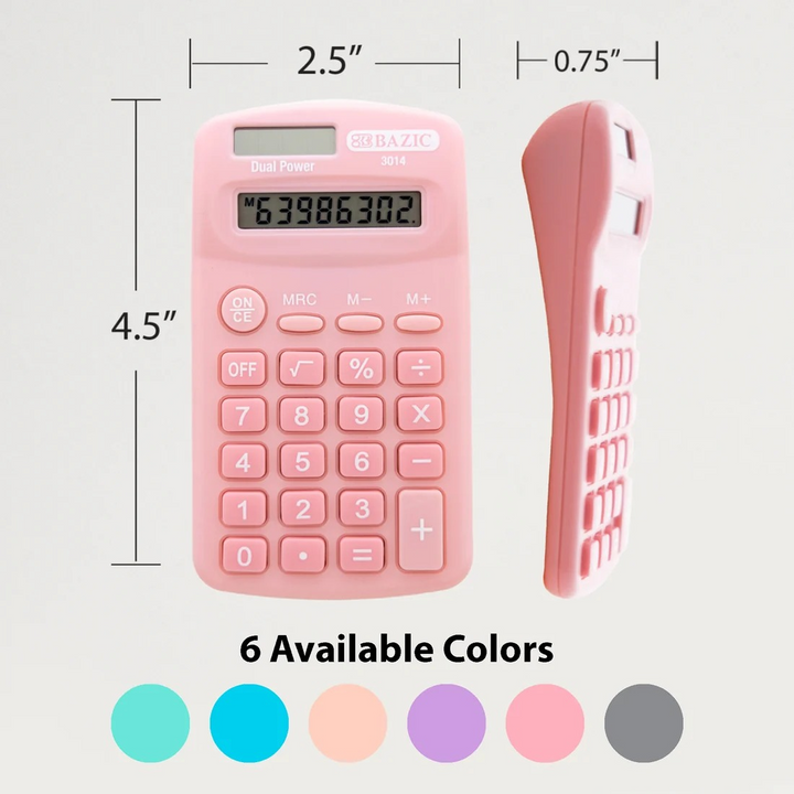 Bazic 8-Digit Dual Power Pocket Size Calculator - Pastel Color