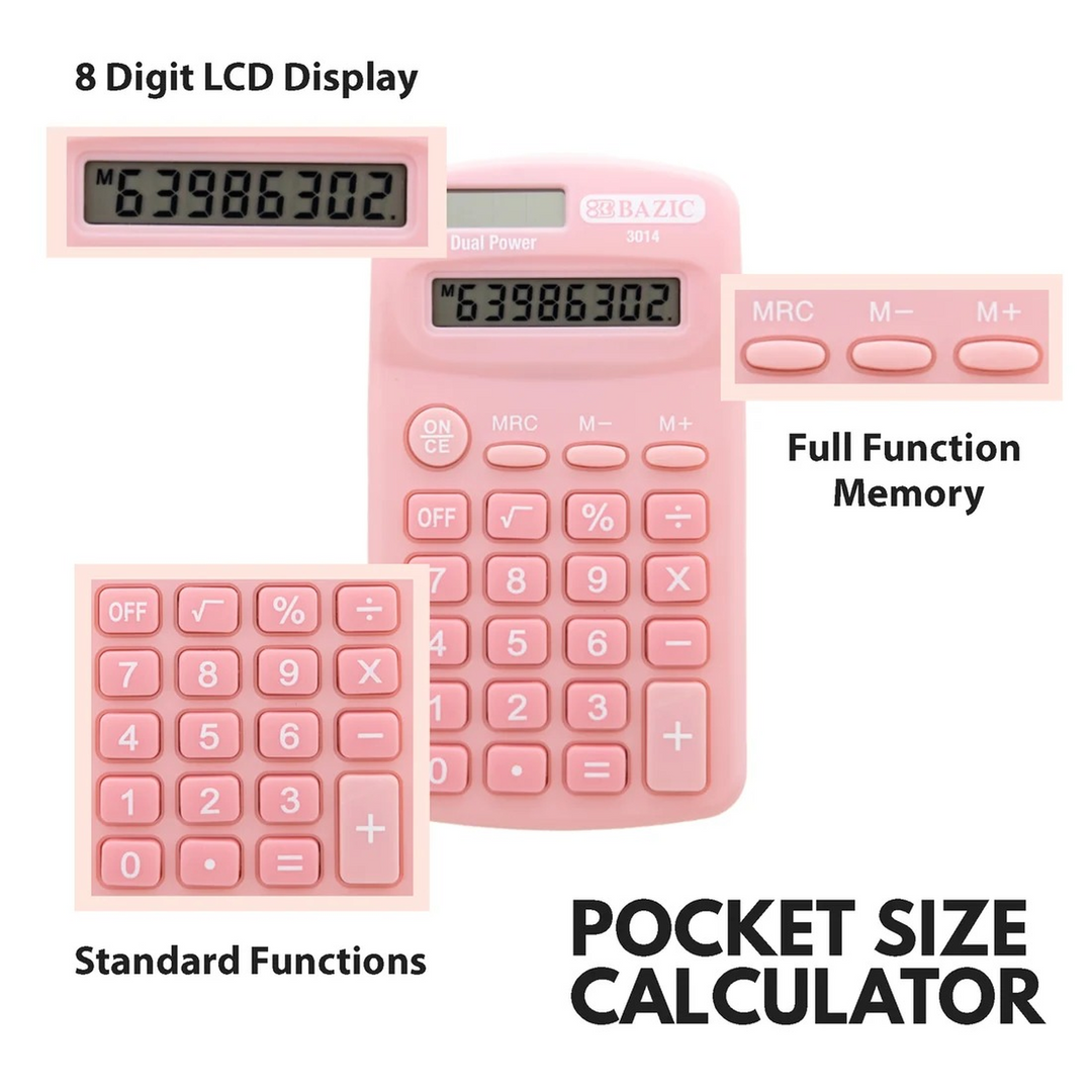 Bazic 8-Digit Dual Power Pocket Size Calculator - Pastel Color