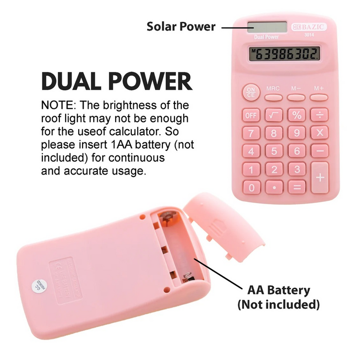 Bazic 8-Digit Dual Power Pocket Size Calculator - Pastel Color