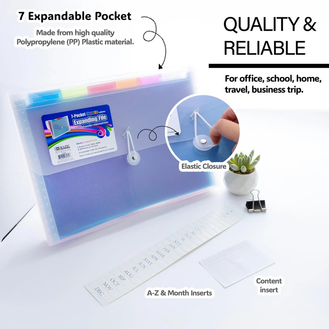 Bazic Rainbow 7-Pocket A4/Letter Size Poly Expanding File