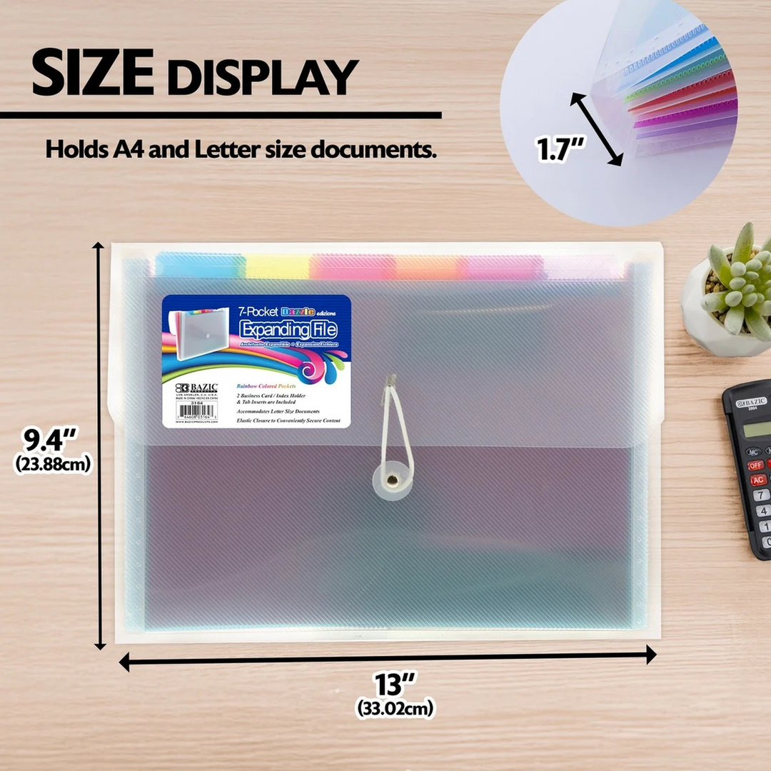 Bazic Rainbow 7-Pocket A4/Letter Size Poly Expanding File