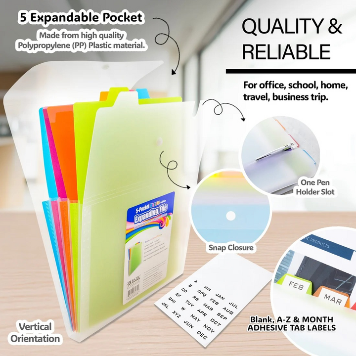 Bazic 5-Pocket Letter Size Vertical Poly Expanding File