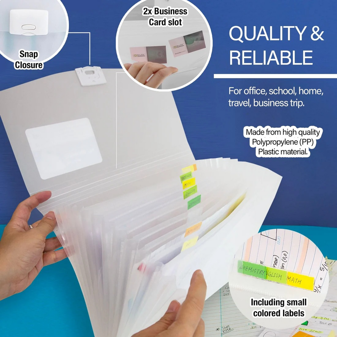 Bazic Translucent 13-Pocket Letter Size Poly Expanding File
