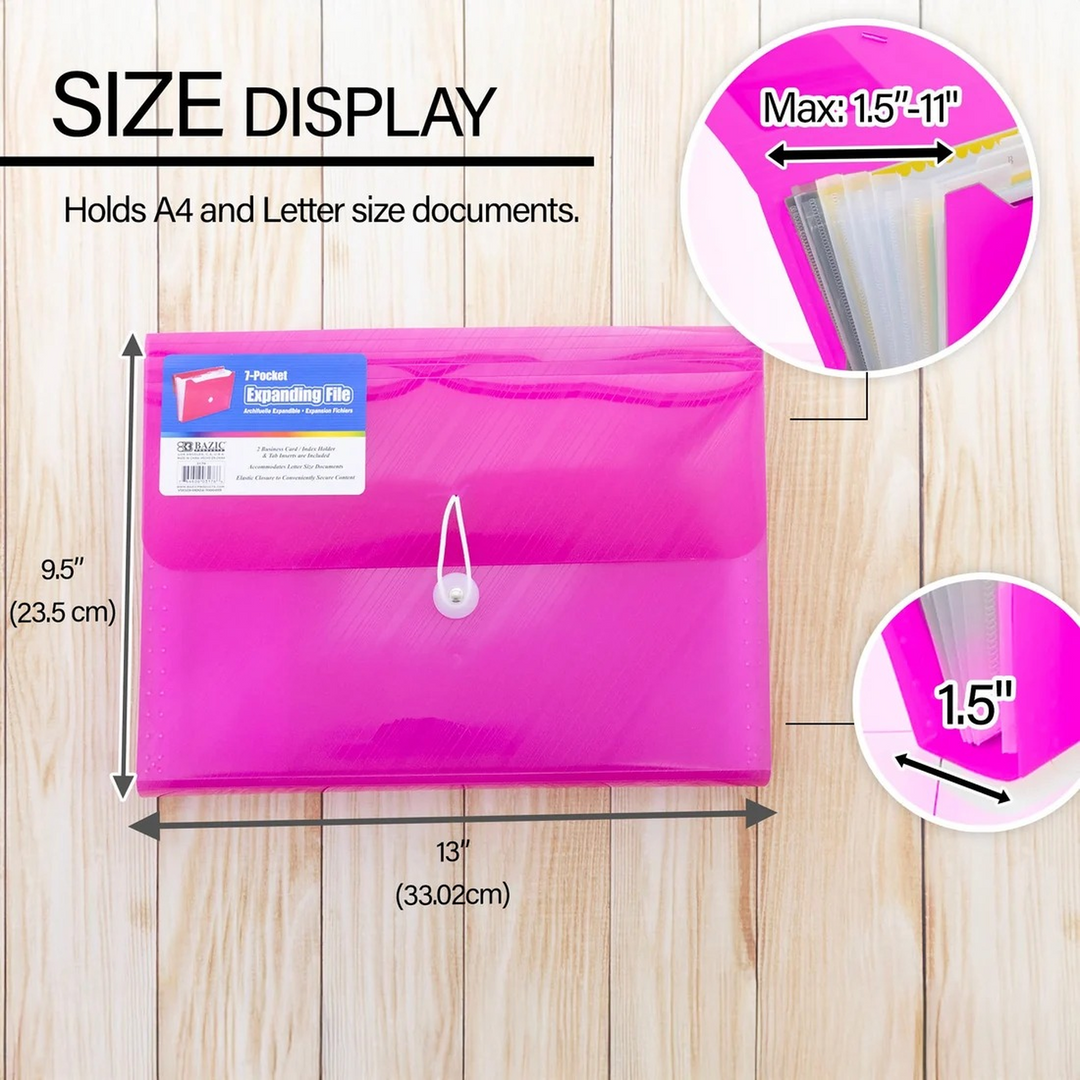 Bazic Translucent 7-Pocket A4/Letter Size Poly Expanding File