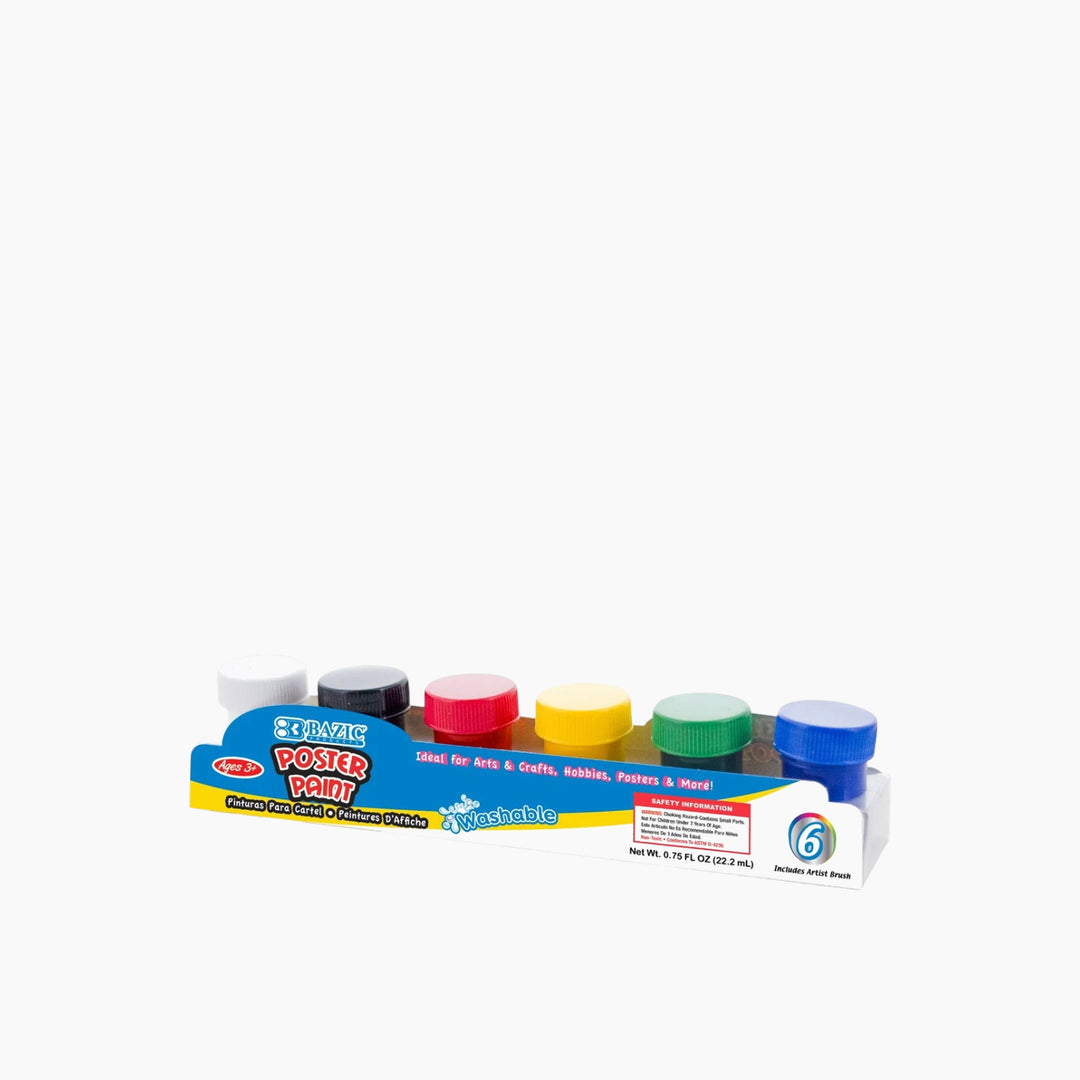 Bazic 0.75 Fl Oz 6-Color Washable Poster Paint With Brush - 22.2ml