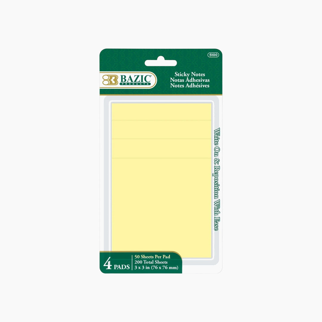 Bazic 50-Count 3" X 3" Yellow Sticky Notes 4-Pack
