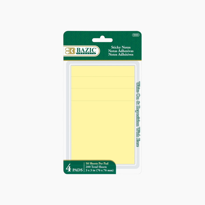 Bazic 50-Count 3" X 3" Yellow Sticky Notes 4-Pack