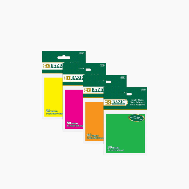 Bazic 80-Count 3" X 3" Neon Sticky Notes