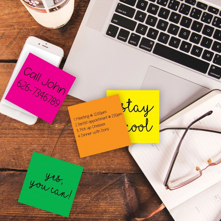 Bazic 70-Count 3" X 3" Neon Lined Sticky Notes