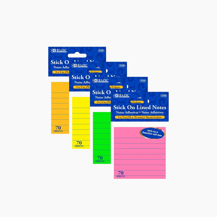 Bazic 70-Count 3" X 3" Neon Lined Sticky Notes